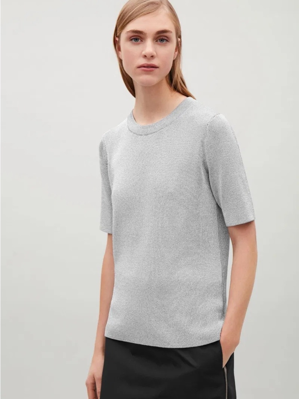 COS Sz M Silver Metallic Knit Short Sleeves Sweater